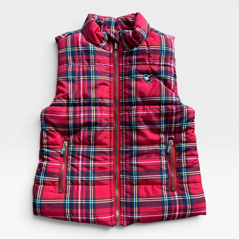 Tommy Hilfiger Kids Red Plaid Quilted Puffer Vest Heart Logo Size 18M